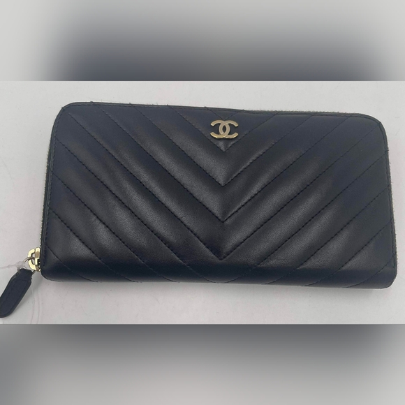 CHANEL Handbags - CHANEL Black Chevron Wallet with Gold Accents